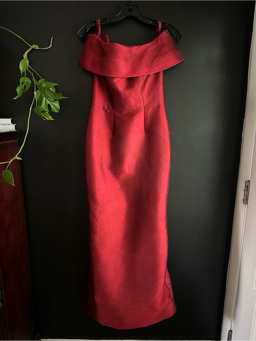 Catherine Regehr Crimson Red Off-Shoulder Roll Collar Gown